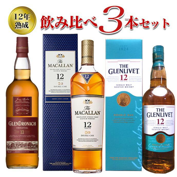 ウイスキー12年熟成飲み比べ3本セット 【箱入 正規品】ザ マッカラン ダブルカスク[12]年＆【箱入 正規品】ザ グレンドロナック オリジナル[12]年＆【箱入 正規品】ザ グレンリヴェット[12]年 700ml×3本セット ハードリカー