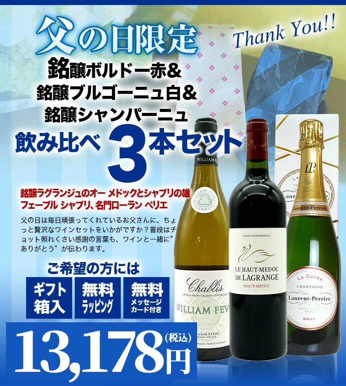 【送料無料】【父の日】ボルドー赤＆ブル白＆泡飲み比べ3本セット(ご希望の方にはメッセージカード ギフト箱 無料ラッピング付き)Father's Day Special Wine Set【父の日　ワイン】【父の日　ギフト】【父の日　ワインセット】 uki2023papawine ★giftbox★