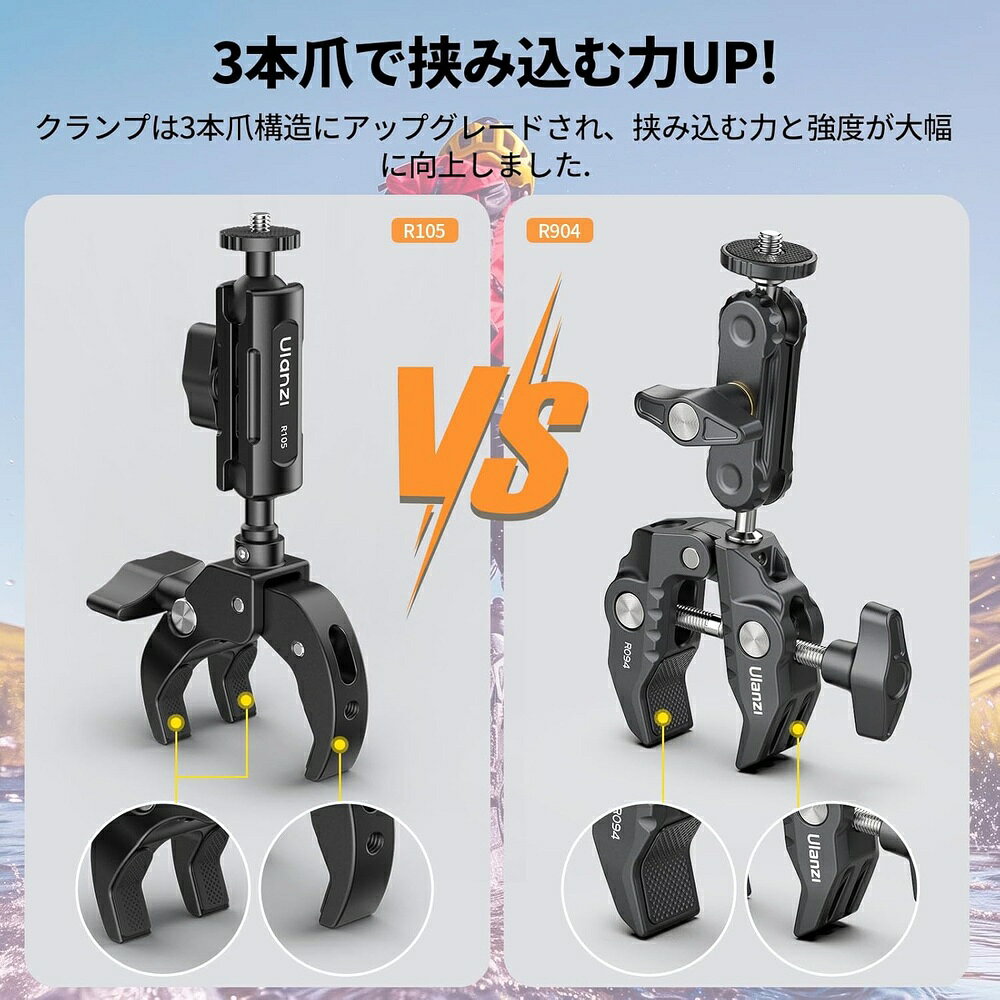 Ulanzi R105 スーパークランプ 3爪構造 360°回転 金属製 カメラマウント 一体式 カメラグリッパー ホルダー1/4”ネジ 自転車・バイク・オートバイクリップマウント GoPro用アクセサリー アクションカメラ用マウント付き