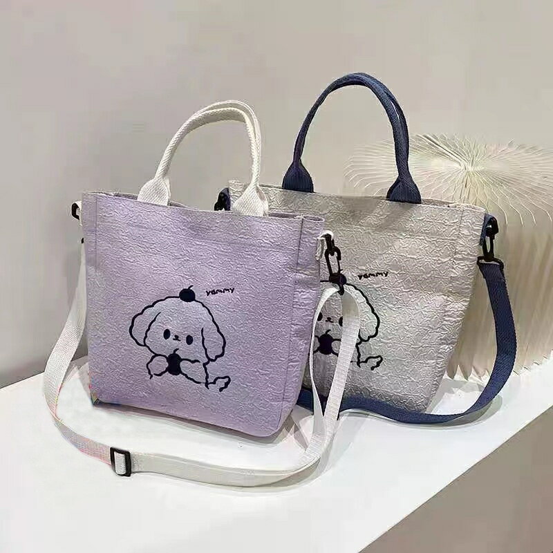 Rakuten - トートバッグ 手持ち 手提げ袋 肩掛け 斜め掛け 帆布 鞄 シンプル 可愛い かわいい いぬ 犬 キャラクター かばん レディース 女性 女の子 軽量 子供 こども 小 学生 韓国 カバン パープル ホワイト
