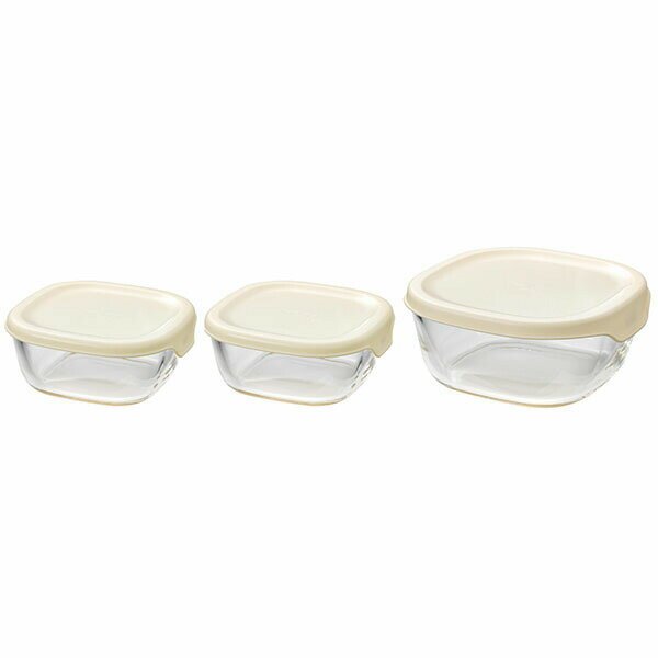 【2個セット】 ハリオ KST-2012-OW () 耐熱ガラス製保存容器3個セット 満水容量S/250ml、 M/600ml オフホワイト HARIO 容器 お礼 御祝 省スペース オーブン調理 食器 道具 入学内祝い プレゼント 角型 つくりおき 人気商品