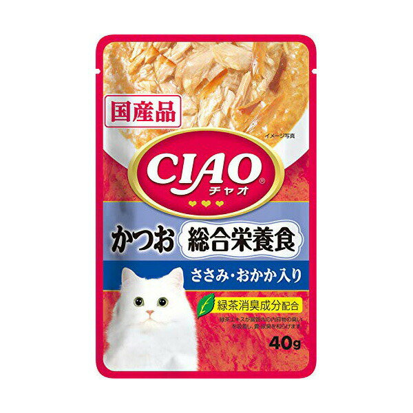 ●品名：CIAOパウチ 総合栄養食 かつお ささみ・おかか入り40g●JAN：4901133614392●詳しい仕様・成分等はメーカーHPをご確認ください。 ●※メーカーの都合により仕様・パッケージは余儀なく変更される場合がございます。 ●※新品未開封ですがパッケージに若干のスレや傷みがある場合がございますので予めご了承ください。 ●当店では、ペット用のフード、おやつは　3か月以上消費期限があるものを取寄せて出荷しております。