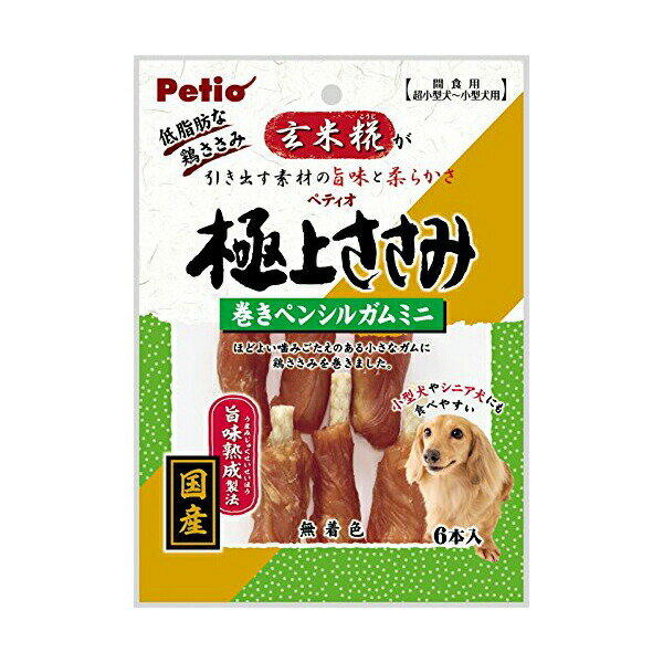 ペティオ (Petio)●本体重量:75g●原産国:日本●ブランド：ペティオ (Petio)ブランド●良質たん白質たっぷりの贅沢なササミ巻きスナック。やわらかく仕上げた低脂肪の鶏ササミをほどよいかみごたえのペンシルガムミニサイズに巻きました。超小型~小型犬向き。鶏ササミ、牛皮、米粉、玄米糀粉末、食塩、グリセリン、プロピレングリコール、pH調整剤、保存料(ソルビン酸K)、酸化防止剤(エリソルビン酸Na)、発色剤(亜硝酸Na)●ペットの種類：イヌ●ペットの品種：小型品種●製造元リファレンス：W1147300●メーカーにより製造中止になりました：いいえ●フレーバー：チキン●商品の形状：Cream●素材構成：粗たん白質:53.5%以上、粗脂肪:0.5%以上、粗繊維:0.5%以下、粗灰分:4.5%以下、水分:34.0%以下、代謝エネルギー273kcal/100g●サイズ：ミニ6本●商品の数量：3●特殊な用途：デンタルケア
