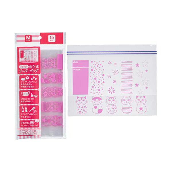 【5個セット】 ジャパックス コア ダブル ジッパーバック 横長 ねこ 柄 ピンク M 縦15cm×横22cm (+マチ10cm) ×厚さ0.05mm フリーザーバ..