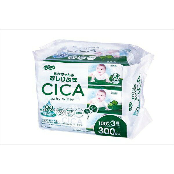 ▼まとめ買いがおすすめ！ 12個セット（お得） 成分の99％が純水で、整肌成分CICA(ツボクサ葉/茎エキス)を配合した赤ちゃん用おしりふきです。【特徴】●弱酸性で肌に優しい処方●100枚入り×3個パック●手や足にも使用できる【仕様】材質レーヨン、ポリエステルサイズ約18×15cm入数100枚×3個【使用場所】●赤ちゃんのおむつ替え【ご注意】●水には溶けないためトイレには流さないこと●使用中や使用後、直射日光に当たった後に赤み、はれ、かゆみ、刺激、色抜けや黒ずみなどの異常が現れた場合は、使用を中止し専門医などに相談すること●目や粘膜、傷口には使用しないこと●乳幼児の手の届かないところに保管すること●直射日光の当たる場所や高温になる場所で保管しないこと●火気の近くでの使用や保管はしないこと●使用後はしっかりオープンラベルを閉め、なるべく早めに使用すること成分の99％が純水で、整肌成分CICA(ツボクサ葉/茎エキス)を配合した赤ちゃん用おしりふきです。サイズ：約18×15cm　入数：100枚×3個赤ちゃんのおむつ替えなどに。 ▼まとめ買いがおすすめ！ 12個セット（爆安）