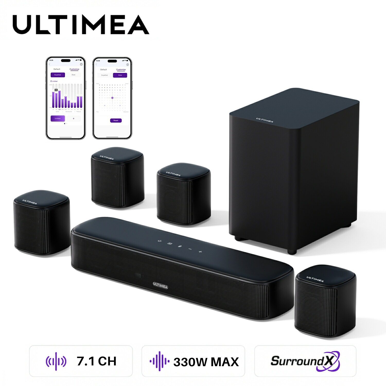 【40%OFF★スーパーSALE】ULTIMEA Aura A40 7.1ch サウンドバー 330W高出力 サブウーファー＆サラウンドスピーカー付き BassMX搭載 日本語APP対応 Bluetooth 5.3 HDMI ARC 光デジタル AUX ホームシアター テレビスピーカー 送料無料