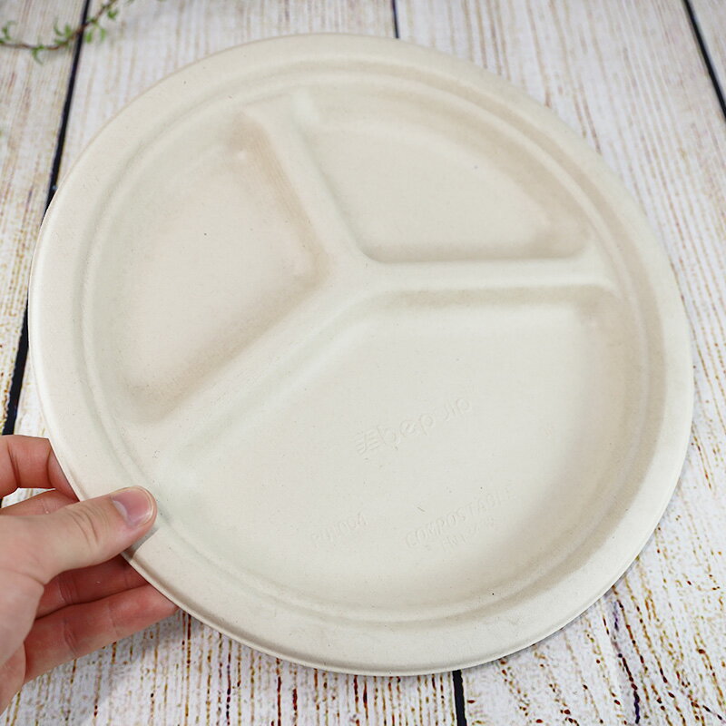 バガス 再生紙製容器 三区切り丸トレイ 26cm 直径260×26h 400個セット (サトウキビの搾りカスから再生された堆肥可能なパルプ製)業務用 大容量 (...