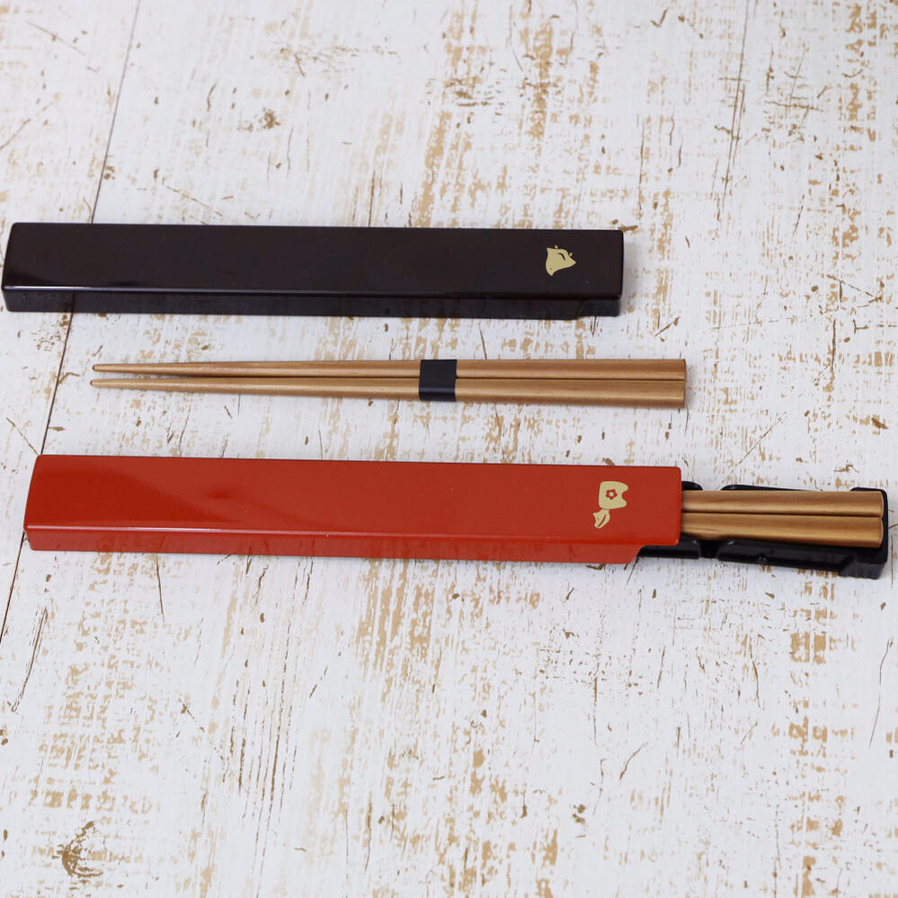 わだん 箸&箸箱 お弁当用 カトラリー 箸18cm 箸ケース 天然木 ハシ ハシケース セット 日本製 食洗機可 滑り止め加工 レッド ブラウン