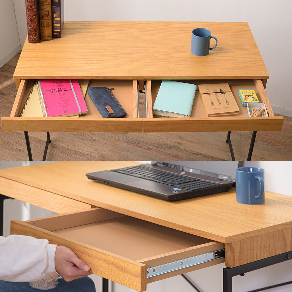 パソコンデスク 引き出し付き 机 幅100cm 奥行D45cm 木目 スチール アジャスター付き シンプル 北欧 コンパクト スリム テーブル ワゴン ナチュラル END-331NA [2]