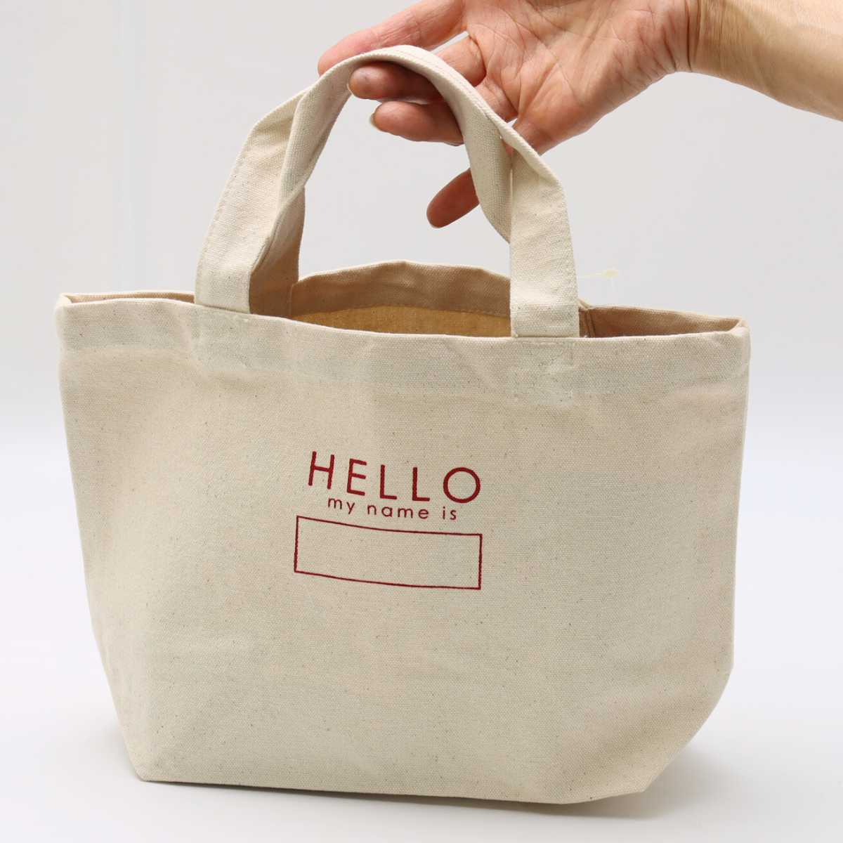 ランチバッグ ランチトート インド綿 コットン HELLO ランチバッグ レッド お弁当バッグ お弁当入れ 弁当用 ミニバッグ ミニトート 生成り