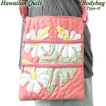 Hawaiian Quiltハワイアンキルトボディバッグ　Type-Oモンステラ3ハイビスカスピンクリーフホワイトハワイアン雑貨　ハワイ　雑貨ハワイアン　Hawaii