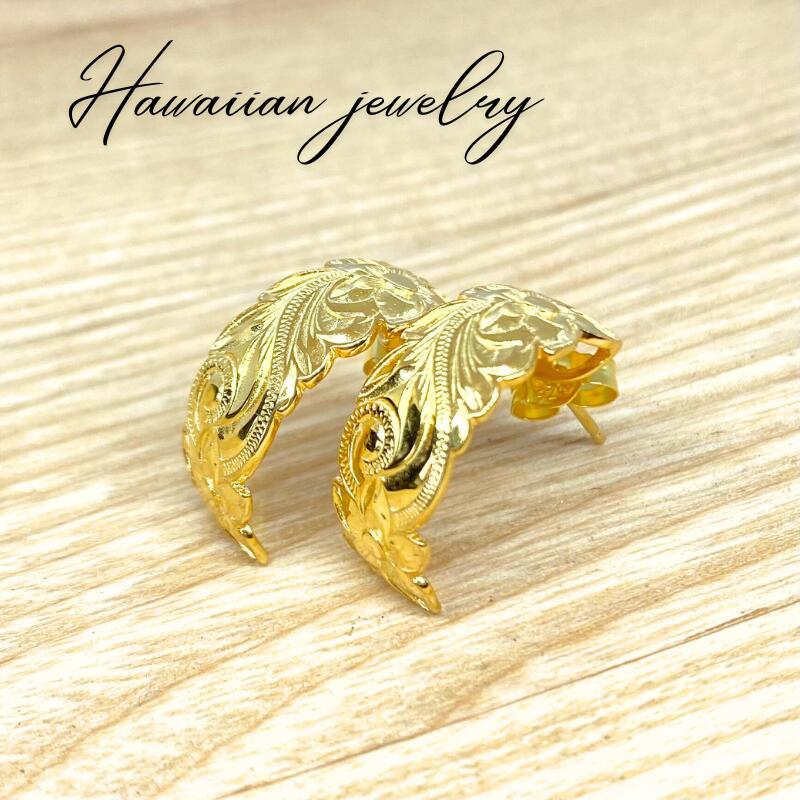 ハワイアンジュエリー【ピアス】スタット型プルメリアスクロールピアス(Gold)pieac-167 ジュエリー