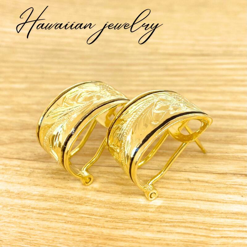 ハワイアンジュエリー【ピアス】半円型プルメリアスクロールピアス(Gold＆ Black line) pieac-169 ジュエリー