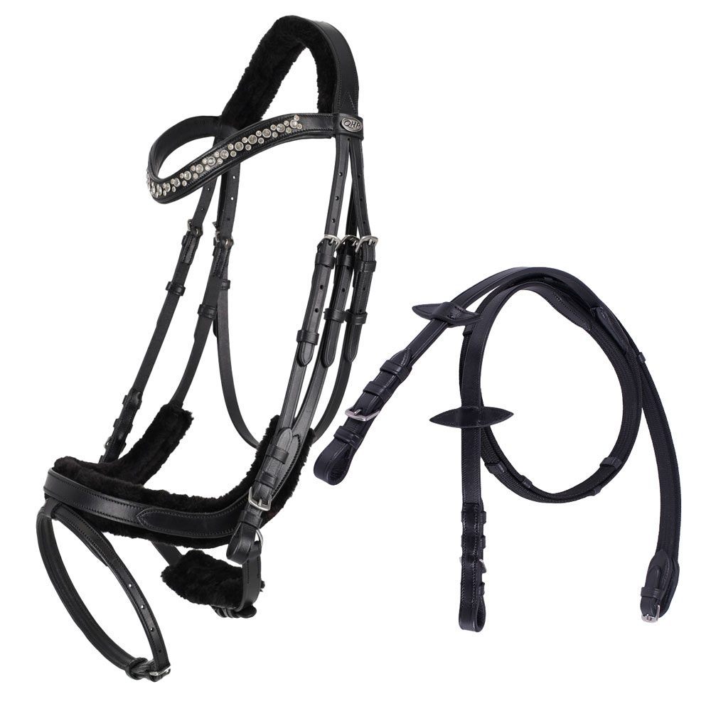 乗馬用品 ハフリンガーMAXの乗馬　ボア付きアナトミカル頭絡　センシソフト　布手綱付き　QHP　水勒用頭絡　馬具　本革　フリース　ファー付き　フルサイズ　コブサイズ　ブラック　黒｜アングル2