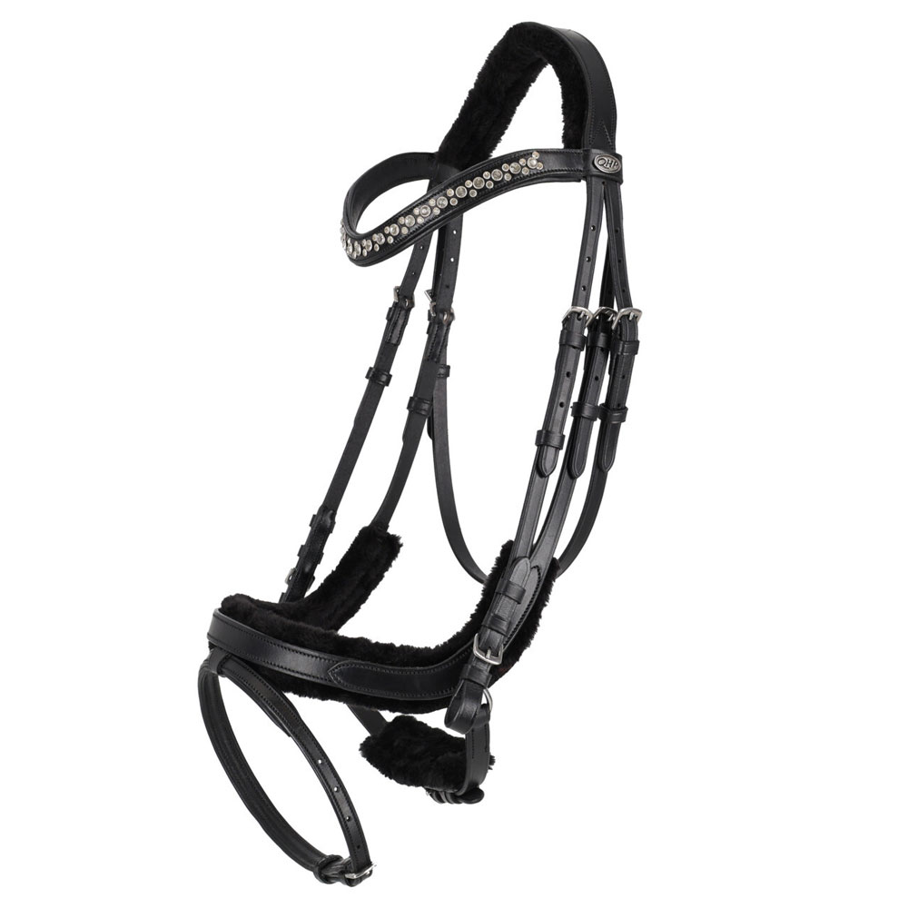 乗馬用品 ハフリンガーMAXの乗馬　ボア付きアナトミカル頭絡　センシソフト　布手綱付き　QHP　水勒用頭絡　馬具　本革　フリース　ファー付き　フルサイズ　コブサイズ　ブラック　黒｜アングル3