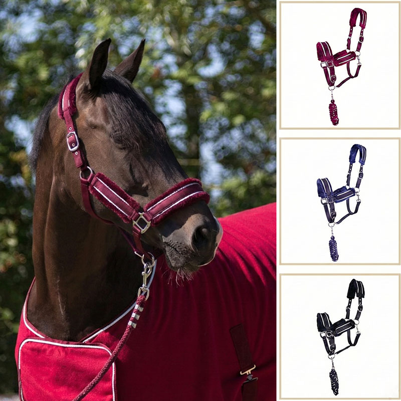 無口 セット QHP無口＆リードロープセット ドルチ ｜ 乗馬用品 馬具 ホルター 引手 引き手綱 ボア付き ファー おしゃれ 赤 青 黒