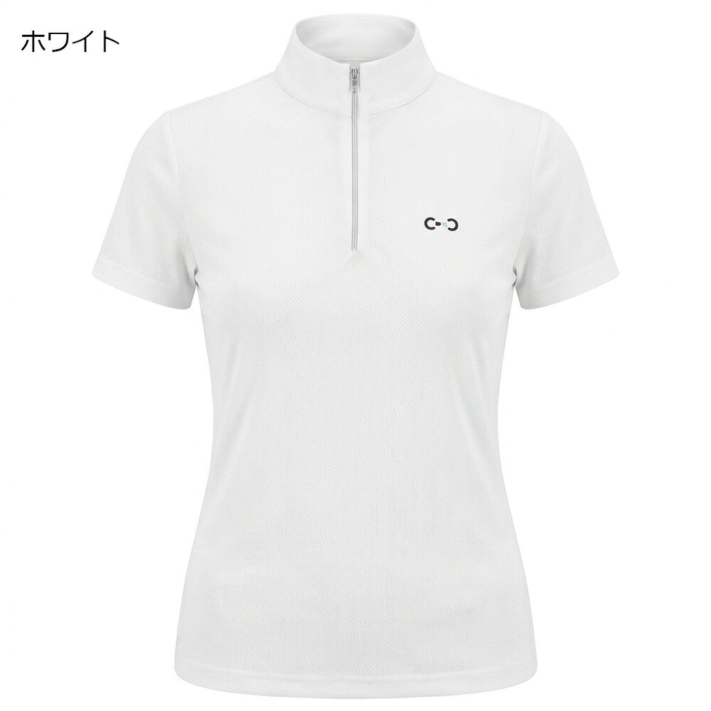 乗馬用品 ハフリンガーMAXの乗馬用シャツ　競技用シャツ　R/W レディースショーシャツ　ロクサーヌ　ショートスリーブ　ライディングワールド｜乗馬用品　女性　競技会　半袖　通気性　伸縮性　ストレッチ　ネイビー　ホワイト｜アングル2
