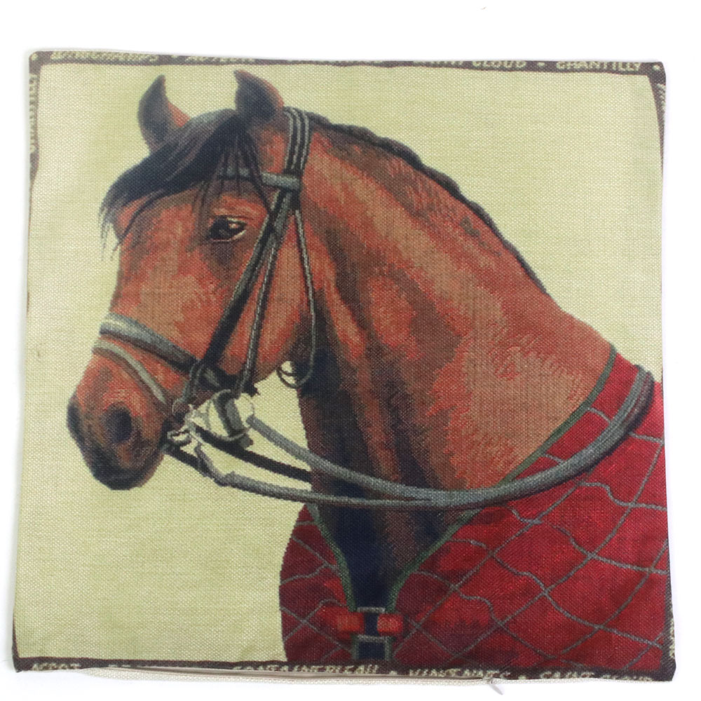 ジュートライククッションカバー-ホース&ラグ 43cm×43cm | 乗馬 馬 ウマ ホース アニマル 麻風 ジュート風 ナチュラル [2]