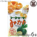 【名称】みかん加工品 【内容量】80g×6袋 【賞味期限】製造日から1年　未開封時 【原材料】みかん(温州みかん/タイ産)、砂糖、シークヮーサー(沖縄産)／デキストリン、酸味料(クエン酸)、酸化防止剤(亜流酸塩) 【保存方法】直射日光・高温多湿を避け、常温で保存してください。 【お召上がり方】袋から出してそのままお召し上がりください。【栄養成分表示】80gあたり　エネルギー 274kcal　たんぱく質 0.7g　脂質 0.3g　炭水化物 67.0g　食塩相当量 0.8g【JANコード】4589442531014 【販売者】株式会社オリーブガーデン（沖縄県国頭郡恩納村） メーカー名 沖縄美健 原産国名 日本 産地直送 沖縄県 商品説明 甘くて酸味の効いた温州みかんに、沖縄県産のシークワーサーパウダーを使用。沖縄シークヮーサーの爽やかな酸味と温州みかんのまろやかな甘みが特徴のドライみかんです。ネコポス便で配送予定です着日指定：×不可 ギフト：×不可 ※生産者より産地直送のため、他商品と同梱できません。※納品書・領収書は同梱できません。　領収書発行は注文履歴ページから行えます。 こちらの商品は全国送料無料です