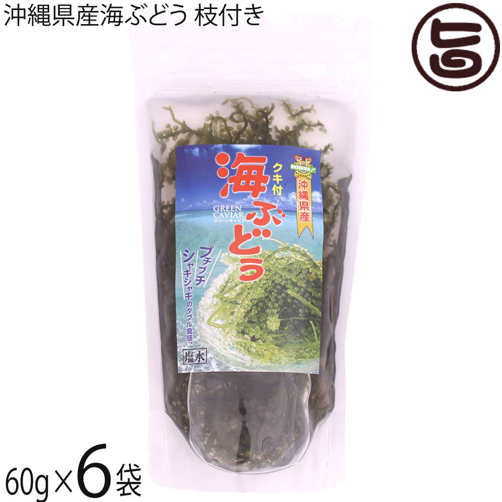 【内容量】60g×6P 【賞味期限】製造日より150日　※未開封時　開封後はお早めにお召し上がりください。 【原材料】海ぶどう(沖縄県産)、塩 【保存方法】高温多湿を避け常温保存してください。 【お召上がり方】1.海ぶどうを袋から出して、ざる等に移して水気を切ります。2.適量を水に浸し、戻します。海ぶどうが、みるみる踊るように成長していきます。3.軽く水ですすぎますとプチプチと歯ごたえのある海藻に戻ります。4.お皿に盛り付けお好みで酢醤油、ぽん酢または、ドレッシング等を小皿等に入れつけてお召し上がりください。※直接かけると萎んでしまいプチプチ感を失います。【栄養成分表示】100g当り エネルギー 4.0kcal　たんぱく質 0.5g　脂 質 0.1g　炭水化物 1.2g　食塩相当量 0.3g　推定値【JANコード】4992957000706 【販売者】株式会社オリーブガーデン（沖縄県国頭郡恩納村） メーカー名 平良商店 原産国名 日本 産地直送 沖縄県 商品説明 沖縄産の海ぶどうを使用した塩水漬け海ぶどう60gパック入り、生の海ぶどうは、賞味期限が短いですが塩水漬けは、長めの賞味期限ですので、ご家庭や店舗で。 安全上のお知らせ 稀に稚エビや他の海藻類が混ざる場合がございます。洗い流せば問題はございませんが、エビアレルギーの方は、十分お気をつけください。レターパックプラス便で配送予定です着日指定：×不可 ギフト：×不可 ※生産者より産地直送のため、他商品と同梱できません。※納品書・領収書は同梱できません。　領収書発行は注文履歴ページから行えます。 こちらの商品は全国送料無料です