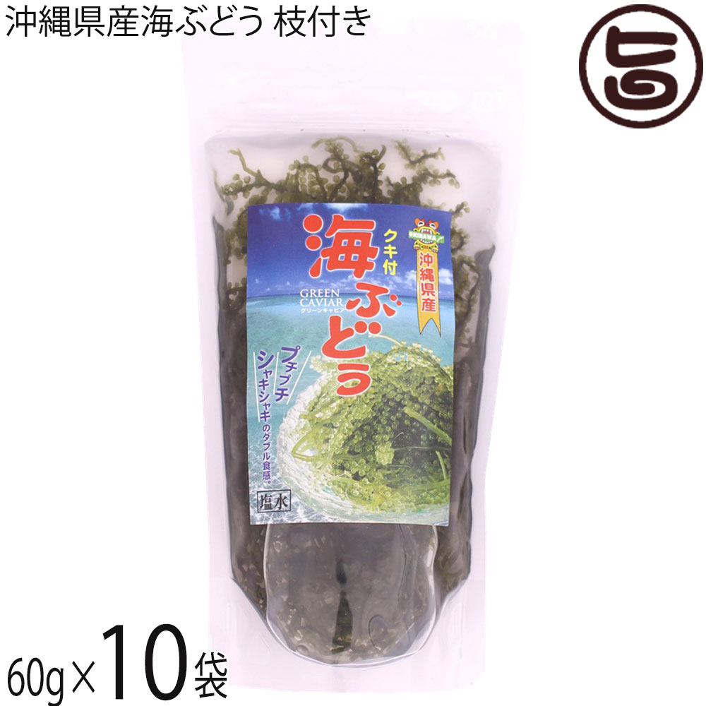 【内容量】60g×10P 【賞味期限】製造日より150日　※未開封時　開封後はお早めにお召し上がりください。 【原材料】海ぶどう(沖縄県産)、塩 【保存方法】高温多湿を避け常温保存してください。 【お召上がり方】1.海ぶどうを袋から出して、ざる等に移して水気を切ります。2.適量を水に浸し、戻します。海ぶどうが、みるみる踊るように成長していきます。3.軽く水ですすぎますとプチプチと歯ごたえのある海藻に戻ります。4.お皿に盛り付けお好みで酢醤油、ぽん酢または、ドレッシング等を小皿等に入れつけてお召し上がりください。※直接かけると萎んでしまいプチプチ感を失います。【栄養成分表示】100g当り エネルギー 4.0kcal　たんぱく質 0.5g　脂 質 0.1g　炭水化物 1.2g　食塩相当量 0.3g　推定値【JANコード】4992957000706 【販売者】株式会社オリーブガーデン（沖縄県国頭郡恩納村） メーカー名 平良商店 原産国名 日本 産地直送 沖縄県 商品説明 沖縄産の海ぶどうを使用した塩水漬け海ぶどう60gパック入り、生の海ぶどうは、賞味期限が短いですが塩水漬けは、長めの賞味期限ですので、ご家庭や店舗で。 安全上のお知らせ 稀に稚エビや他の海藻類が混ざる場合がございます。洗い流せば問題はございませんが、エビアレルギーの方は、十分お気をつけください。宅急便：常温着日指定：〇可能 ギフト：×不可 ※生産者より産地直送のため、他商品と同梱できません。※納品書・領収書は同梱できません。　領収書発行は注文履歴ページから行えます。 こちらの商品は全国送料無料です