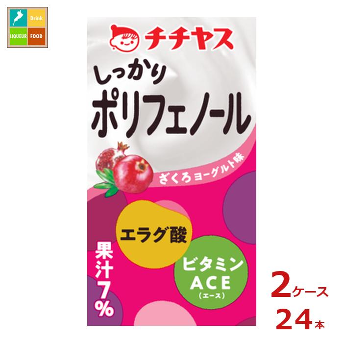 毎日の美容と健康に！ポリフェノールの一種である「エラグ酸」と女性に嬉しい「ビタミンACE」が気軽に摂れる。常温保存可能でいつでも手軽に補給。飲みやすいザクロヨーグルト味。●名称：清涼飲料水●内容量：125ml紙パック×2ケース（全24本）●原材料名：糖類（果糖ぶどう糖液糖（国内製造）、砂糖）、ざくろ果汁、発酵乳、食物繊維、ざくろ抽出物、殺菌乳酸菌粉末／酸味料、安定剤（ペクチン、大豆多糖類）、香料、V.C、V.E、V.A●栄養成分：（125mlあたり）エネルギー51kcal、たんぱく質0.4g、脂質0g、炭水化物12.3g、食塩相当量0.08g、カルシウム13.5mg、ビタミンA90〜600ug、ビタミンC13〜35mg、ビタミンE0.7mg、ポリフェノール80g、エラグ酸20mg●賞味期限：（メーカー製造日より）270日●保存方法：常温●販売者：株式会社チチヤス