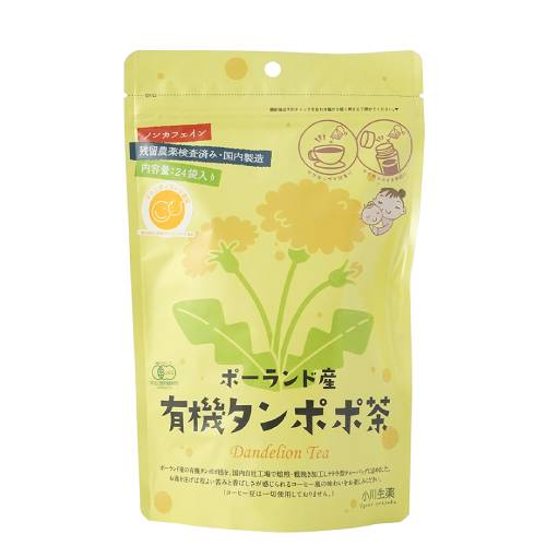 ■商品名：ポーランド産 有機タンポポ茶■容量：48g（2g×24）■メーカー：小川生薬■賞味期限：製造日より常温で2年■原材料：有機タンポポ根（ポーランド産）■商品詳細：とても希少なポーランド産の有機タンポポ根を使用しました。焙煎．粗焼き加工し、香ばしく飲みやすい、コーヒー風に仕上げました。ティーバッグなので、お湯を注ぐだけで手軽にお飲みいただけます。寒い季節に身体がぽかぽかと温まります。