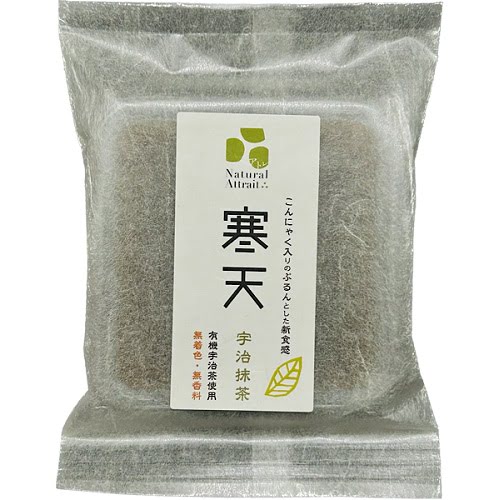 ■商品名：宇治抹茶寒天（夏） ■内容量：100g ■賞味期限：製造日より180日 ■原材料：甜菜糖（北海道製造）、甘藷澱粉、有機抹茶（京都府製造）、寒天、蒟蒻粉 ■メーカー：アトレ ■商品詳細： ぷるんとした食感のこんにゃく入寒天ゼリーに有機宇治抹茶を贅沢に配合しました。 ゼラチンや増粘多糖類は使用せず、こんにゃく粉や寒天、甘藷でん粉を使用しています。 甜菜糖使用で甘さ控えめ、茶師が監修したお茶屋さんならではの本格的な美味しさです。