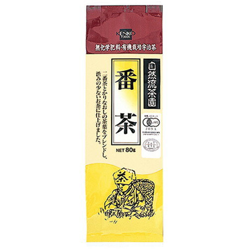 ■商品名：有機栽培 番茶■内容量：80g■メーカー：健康フーズ■賞味期限：製造日より300日■原材料：有機緑茶（京都産）■商品詳細：○本品は、京都南部の山間部宇治田原町の茶園で有機栽培した緑茶（二番茶・梅雨番）をブレンドしたお茶です。（焙じていません）○農薬・化学肥料は一切使用せず、茶の木の成育に有効な成分である有機質を施肥する、自然の環境を大切にした栽培方ですので、安心してお召し上がりいただけます。