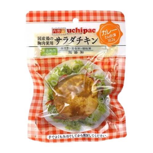 ■商品名：サラダチキン（カレー） ■内容量：100g ■賞味期間：製造日より570日 ■メーカー：ウチノ ■原材料：鶏肉（国内産：宮崎、兵庫、鳥取、島根、徳島等）、カレー粉［ターメリック（インド）、コリアンダー（モロッコ）、クミン（インド）、フェネグリーク（インド）、その他］、食塩（国内産） ■商品詳細： 常温保存OK 保存料・着色料・増粘剤無添加 たんぱく質30.2g（100g 当たり） 手でよくもみほぐしてから開封してください。 カレー味でスパイシーに仕上げました。 「開封前に、モミ・モミ・モミ」もみほぐして、鶏肉から出た水分を再吸収させる→おいしさ＆ジューシー感UP！！ 国産の鶏胸肉でつくった、常温保存可能なサラダチキンです。 なんと1個で30gの天然たんぱく質摂取が可能で、持ち運びも安心。