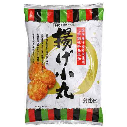 ■商品名：揚げ小丸 ■内容量：100g×6袋 ■賞味期間：製造日より120日 ■原材料：うるち米（山形、秋田、宮城）、植物油脂（米油、パーム油）、醤油（大豆・小麦を含む）、砂糖（てんさい（北海道））、馬鈴薯澱粉（北海道） ■メーカー：創健社 ■商品明細： 国内産うるち米を植物油で香ばしくカラッと揚げた生地に、本醸造丸大豆醤油と北海道産てんさい糖で仕上げた特製のたれで味付けしました。 素材の風味を大切に化学調味料を使用しておりません。 アルミパック外装ですので揚げたてのおいしさをお楽しみいただけます。 食べやすい一口サイズですのでお子様のおやつに、お茶うけやおつまみにご家族皆様でお召し上がり下さい。