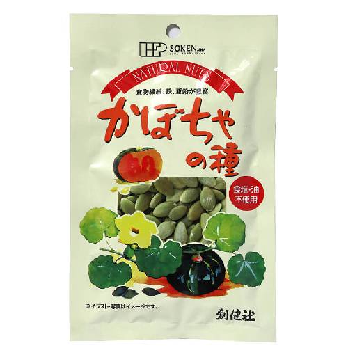 ■商品名：ナチュラルナッツ　かぼちゃの種■メーカー：創健社■内容量：60g■賞味期間：製造日より180日■原材料：かぼちゃの種（中国）■商品詳細：かぼちゃの種を油で揚げず、食塩不使用で食べやすく焙煎しました。中国産の種子を日本で焙煎しました。食物繊維、鉄、亜鉛を豊富に含みます。本品はペポかぼちゃの種を使用しています。形がユニークで、そうめんかぼちゃやイタリア料理の食材などに用いられるズッキーニなどの仲間で、種子に殻の無い品種です。