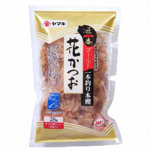 ■商品名：薩摩産花かつおゴールド■内容量：25g■賞味期間：製造日より360日■メーカー：ヤマキ匠一番■原材料：かつおのふし（薩摩製造）■商品詳細：モルディブの海で一本釣りした鰹を鹿児島の薩摩で荒節に仕上げています。鰹節の荒節は、培乾といわれる燻製による独特の香りが残り、枯節と比べて、味の厚みと香りの強さがあります。MSC認証品：この製品で使用されているカツオは、MSC（海洋管理協議会）の基準に則り第三者によって認証された、持続可能で適切に管理された漁業で獲られた水産物です。