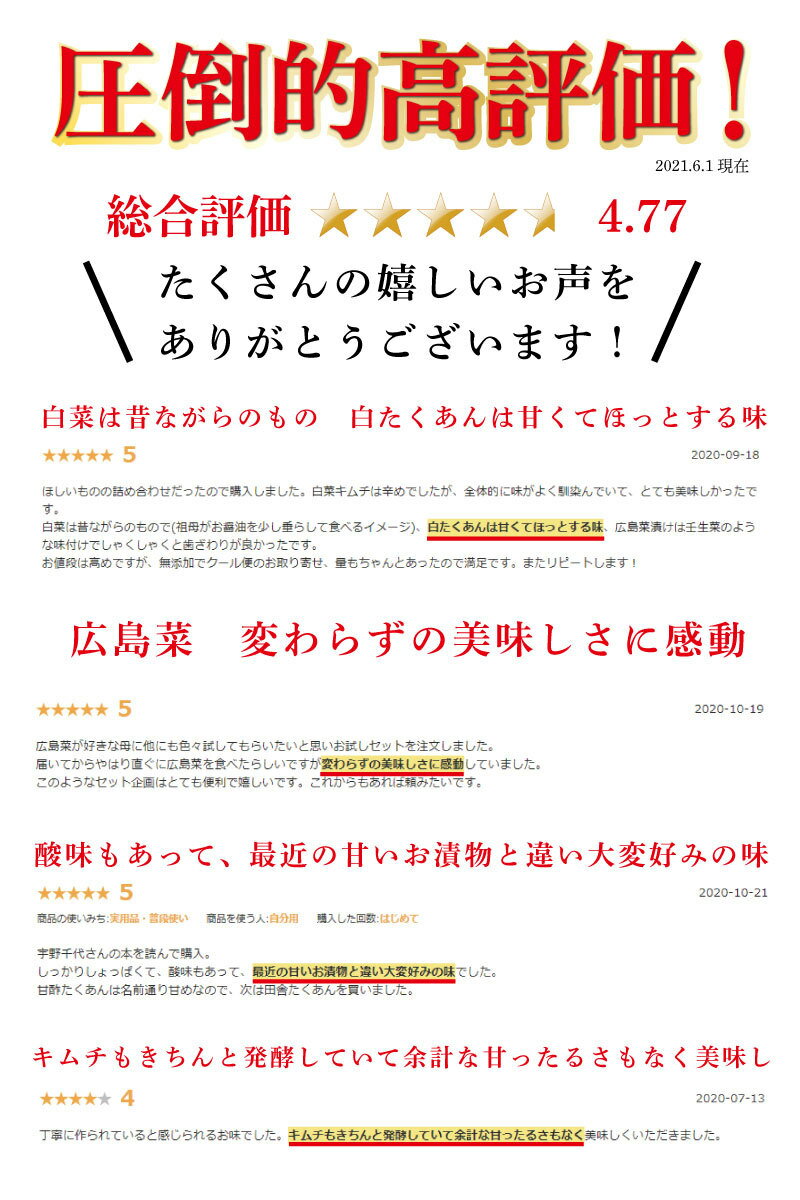 本造り漬物詰め合わせ4品 お試し 漬け物ギフト 送料無料 甘酢白たくあん 広島菜漬 白菜漬 キムチ うまもん