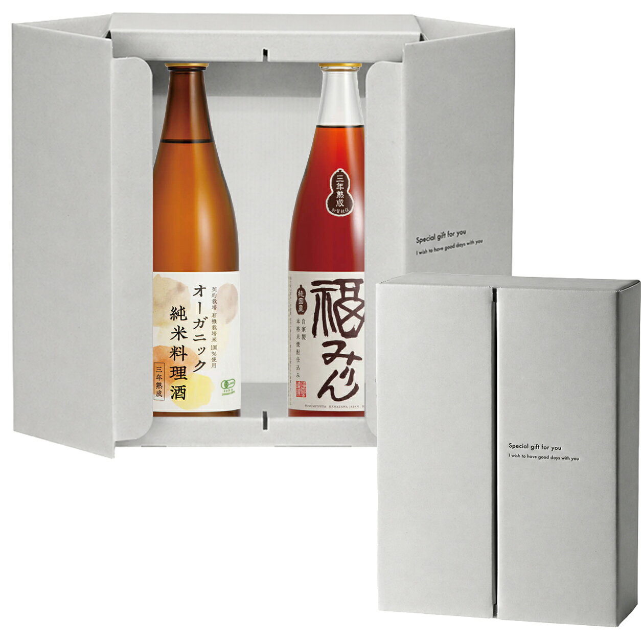 自家製米焼酎を使用して仕込んだ 本みりんを3年以上熟成した 「三年熟成 純米本味醂 福みりん」と、 酒米の最高峰・山田錦のみを原料に 丹念に仕込んだ純米酒を3年間熟成させた 「オーガニック料理酒」のセットです。　