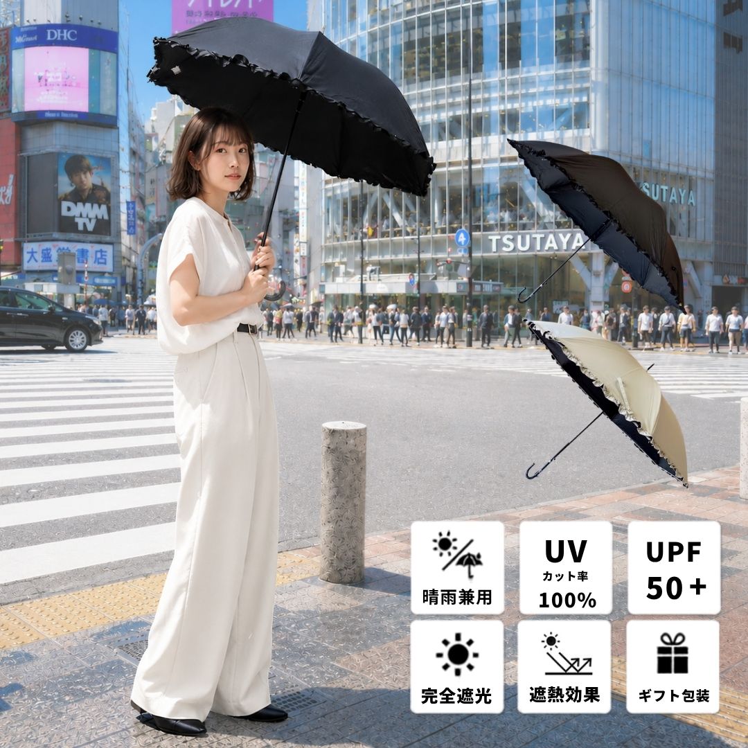 【送料無料】日傘 完全遮光 生地 遮光率 100% UVカット 紫外線遮蔽率 100% プレゼント 実用的 フリル かわいい 長傘 無地 遮熱 涼しい UV 晴雨兼用 撥水 レディース 大きめ 60cm ワンタッチ ジャンプ 誕生日 グラスファイバー 強くて丈夫