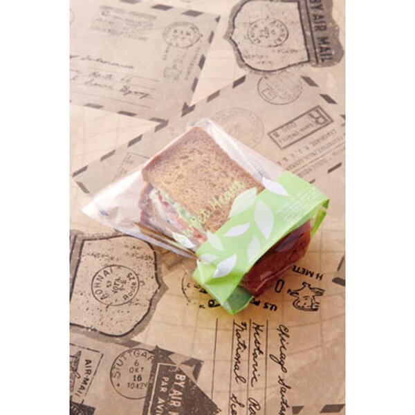 スイートハートリーフ柄縦型サンド　緑　サンドイッチ袋、サンドイッチケース、マチあり、パン屋さん向け、ベーカリー、PPパン袋、ガゼット袋