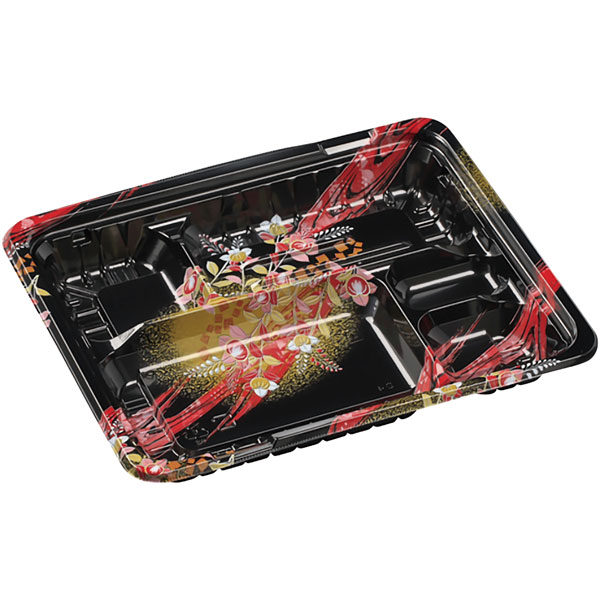 【規格内容】本体：幅237×奥行195×高さ30mm【容量】ご飯約200g【販売形態】本体のみ【材質】MSD【補足1】レンジOK、レンジ対応（本体のみ）【補足2】使い捨て【色】黒赤【柄】柄付【区画数】05／蓋：幅221×奥行187×高さ18（セット時の蓋の高さ10）mm【販売形態】蓋のみ【形状】内嵌合蓋【材質】OPS【補足1】レンジOK、レンジ対応（本体のみ） ●数量：1袋（50枚） ●メーカー：エフピコ 送料：一律880円 ⇒複数ご購入の場合はご注文後に当店にて送料を訂正させて頂きますのでそのままご注文ください。 ※他のテイクアウト容器（Yからはじまる該当商品番号のみ）を同時にご購入の場合も送料は一律880円となります。 【注意事項】 ※メーカー発送品のため代金引換不可となります。 ※送付先宛名に会社名または店舗名のご入力をお願いいたします。 ※北海道・沖縄県への配達は別途送料1100円（税込）が掛かりますのでご了承ください。 ※ご注文のタイミングによっては在庫がない場合もございます。その場合はメールにてお知らせいたしますので予めご了承くださいませ。
