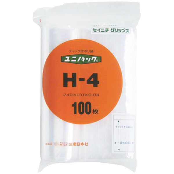 【規格内容】チャック下240×袋幅170mm【厚み】0．04mm【材質】LDPE【補足1】国内生産品【補足2】使い捨て【色】透明【柄】柄無 【数量】100枚入り／1袋 ●送料：880円（一律） ※会社名（屋号）がございましたら、送付先宛名にご記入をお願い致します。 北海道・沖縄は別途送料が掛かります。お問い合わせください。 代金引換は出来ませんのでご了承ください。・汎用性の高いフィルム厚0．04mm、スタンダードタイプ。 ・「セイニチグリップス」は、開けやすく閉めやすい、かつ高い密閉性を実現した、チャック付き規格袋シリーズです。タイプも色々取り揃えました。安全で安心な日本製です。