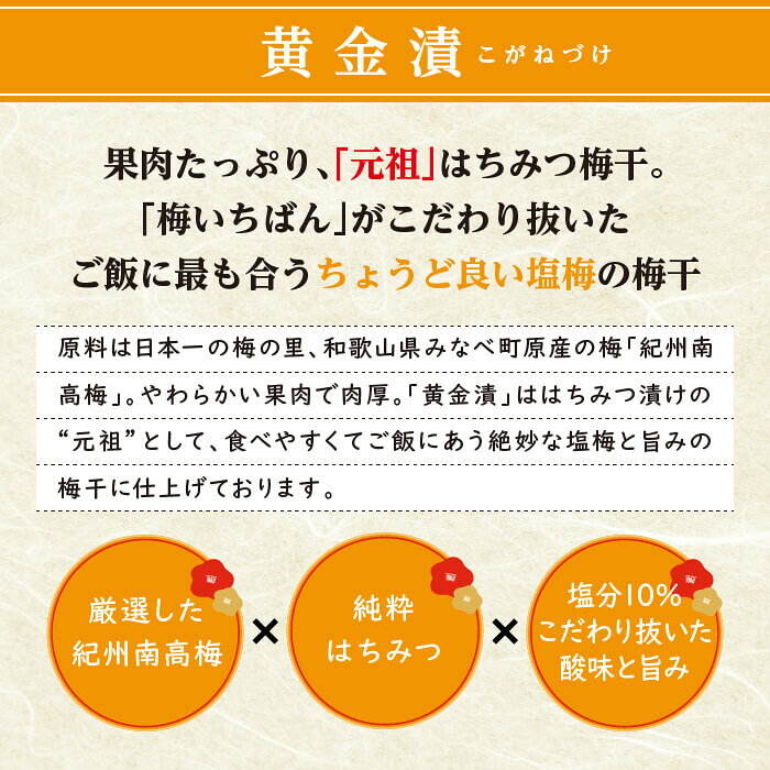 【紀州南高梅A級使用】元祖はちみつ梅干 黄金漬 1.3kg サイズ3L ご進物用｜果肉たっぷり＆まろやか甘味｜80g〜1.3kg 全7種｜塩分10％ 国産梅 umeemon-10002814 梅いちばん サンプル画像2