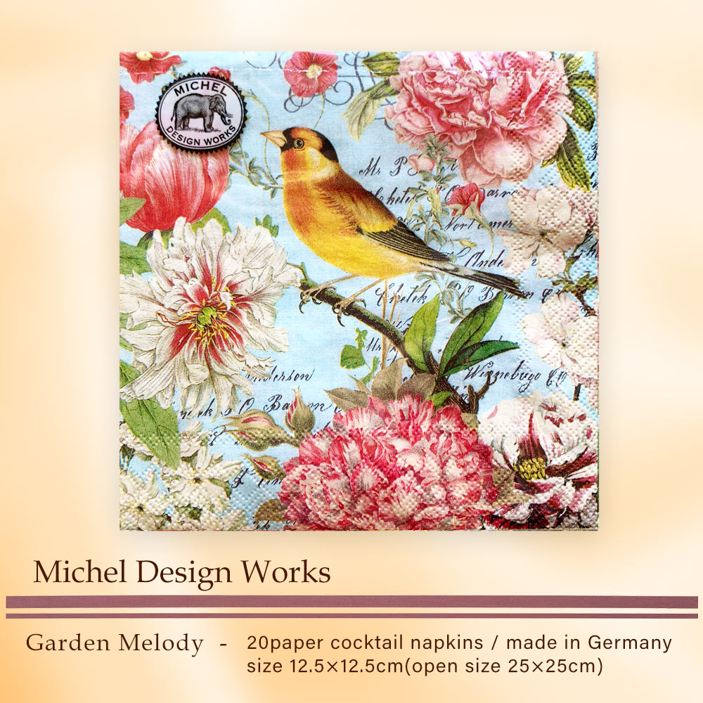 ペーパーナプキン 〜ガーデンメロディ〜 黄色い小鳥と艶やかに咲く芍薬の花 ミッシェルデザインワークス