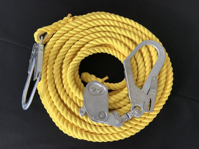 親綱ロープ　エステルカラー製親綱ロープ　黄　16mm×10M　緊張器付