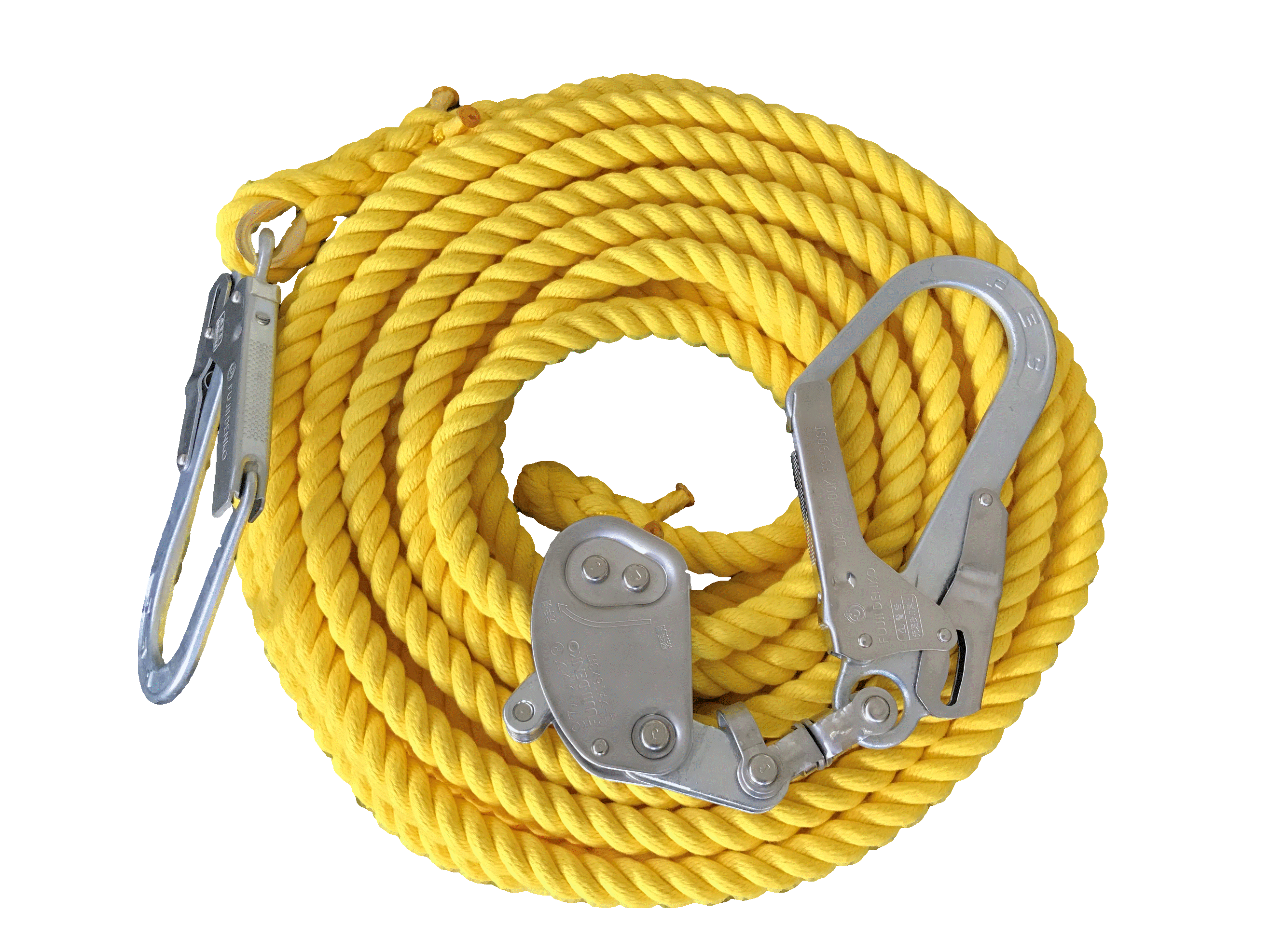 親綱ロープ　エステルカラー製親綱ロープ　黄　16mm×20M　緊張器付 ★現場の命綱★エステルカラー製親綱ロープ♪視認性抜群♪♪送料無料♪ ★当社オリジナル商品★エステルカラー親綱ロープ　黄　16mm×20M　緊張器付エステル製カラーロープ使用♪カラーロープで安全周知にどうですか。藤井電工製　緊張器付♪◆ツヨロン　大口径フック付き◆ロープ径　：　16mmロープ長さ　：　20M【注意】こちらのロープはその他親綱ロープに比べ、やや伸びやす性質があります。垂直親綱としては使用できません。ロープが伸びてキンクする可能性があります。必ず水平親綱としてご使用下さい。ご注意下さい。 2