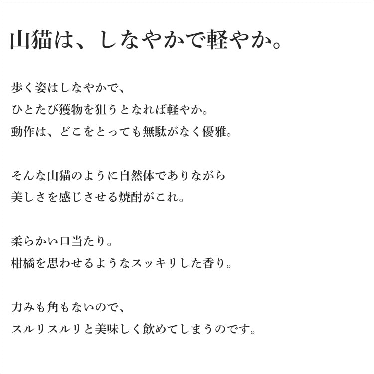 しとやかなもの、そこに佇む。山ねこ 芋 焼酎 アルコール25% 尾鈴山 宮崎 日本