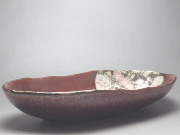 【B級品】柿赤ちりめん花園　楕円長鉢(長辺288)（商品毎に、絵柄のパターンは異なります） 　[普段使い..