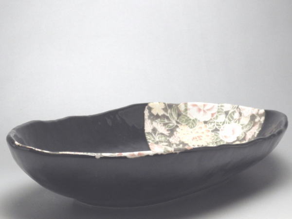 【B級品】天目ちりめん花園　楕円長鉢(長辺288)（商品毎に、絵柄のパターンは異なります） 　[普段使い..