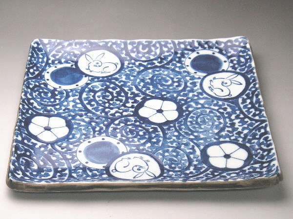 【B級品】うさぎタコ唐草　長角皿　[普段使いの食器]