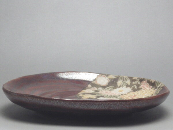【B級品】柿赤ちりめん花園　変形楕円皿（商品毎に、絵柄のパターンは異なります。）　[普段使いの食器]