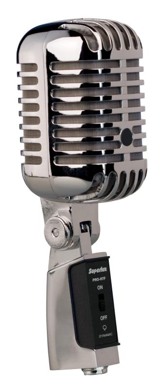 Superlux HISTORIC SERIES ガイコツマイク PROH7Fダイナミック型、指向性:Unidirectional(Super Cardioid)、 周波数特性:50~15,000Hz、感度:-55dBV/Pa(1.8mV)±3dB、1Pa=94dB SPL、 インピーダンス:300Ω、トークスイッチ(ON/OFF)装備付属品:キャリングバッグ(ビニール製)、変換ねじ(3/8=5/8)付属、マイクボディの取付穴は5/8径です。出力端子は3ピン XLR型端子です。マイクケーブルは別途ご用意ください。(付属ではありません)