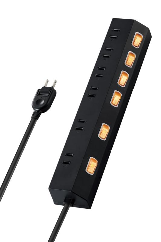 エレコム 電源タップ 雷ガード 6個口 2m マグネット 【吊下可能な回転パーツ付き】ホコリ防止シャッター付き 極性プラグ対応 スイングプラグ 個別スイッチ ブラック ECT-2820BK